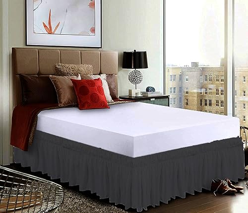 Miniatura 16 de Falda de cama con volantes envolvente con cinturón elástico ajustable, caída de 14 pulgadas, fácil de poner y quitar, mezcla de volantes de polvo