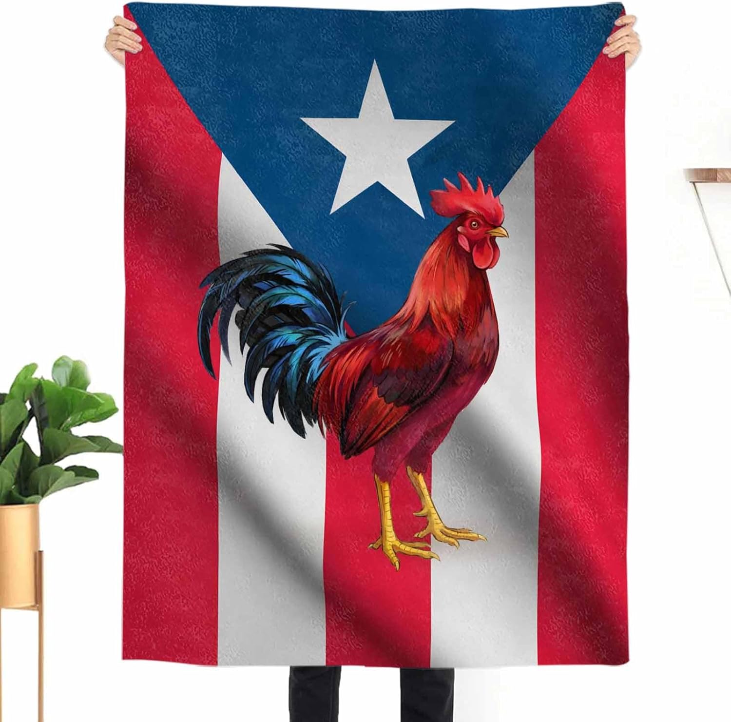 Flannel Throw Blanket Puerto Rican Flag Farm Rooster,Lightweight Soft Warm Fleece Blankets for Sofa Couch Bedroom,Stripe Stars Flags Chicken Cozy Fuzzy Microfiber Throws for All Seasons 50x60in