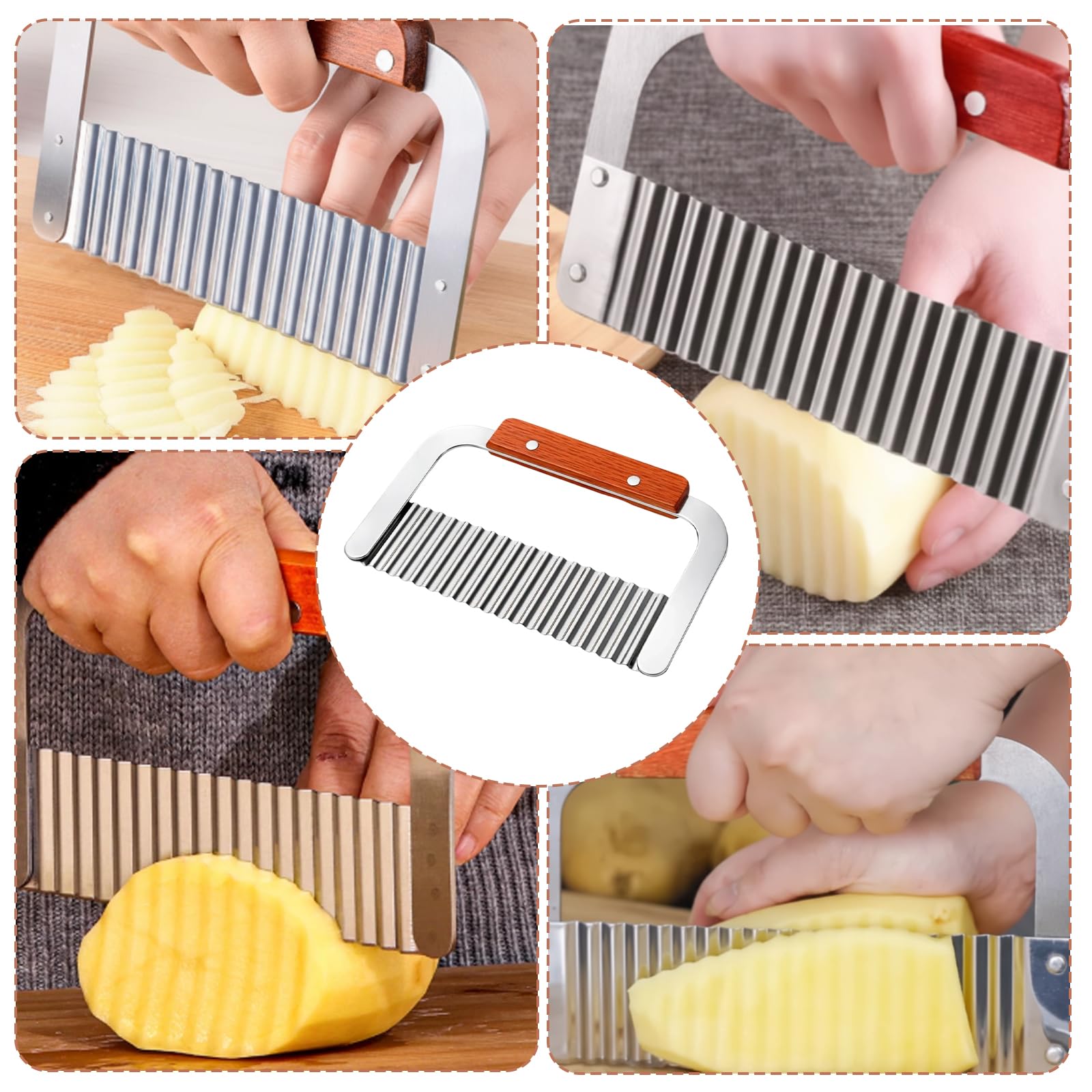 Coupe Frites Professionnel Acier Inoxydable Manche Bois Massif Multifonction Couteau Ondulé Rapeuse Légume