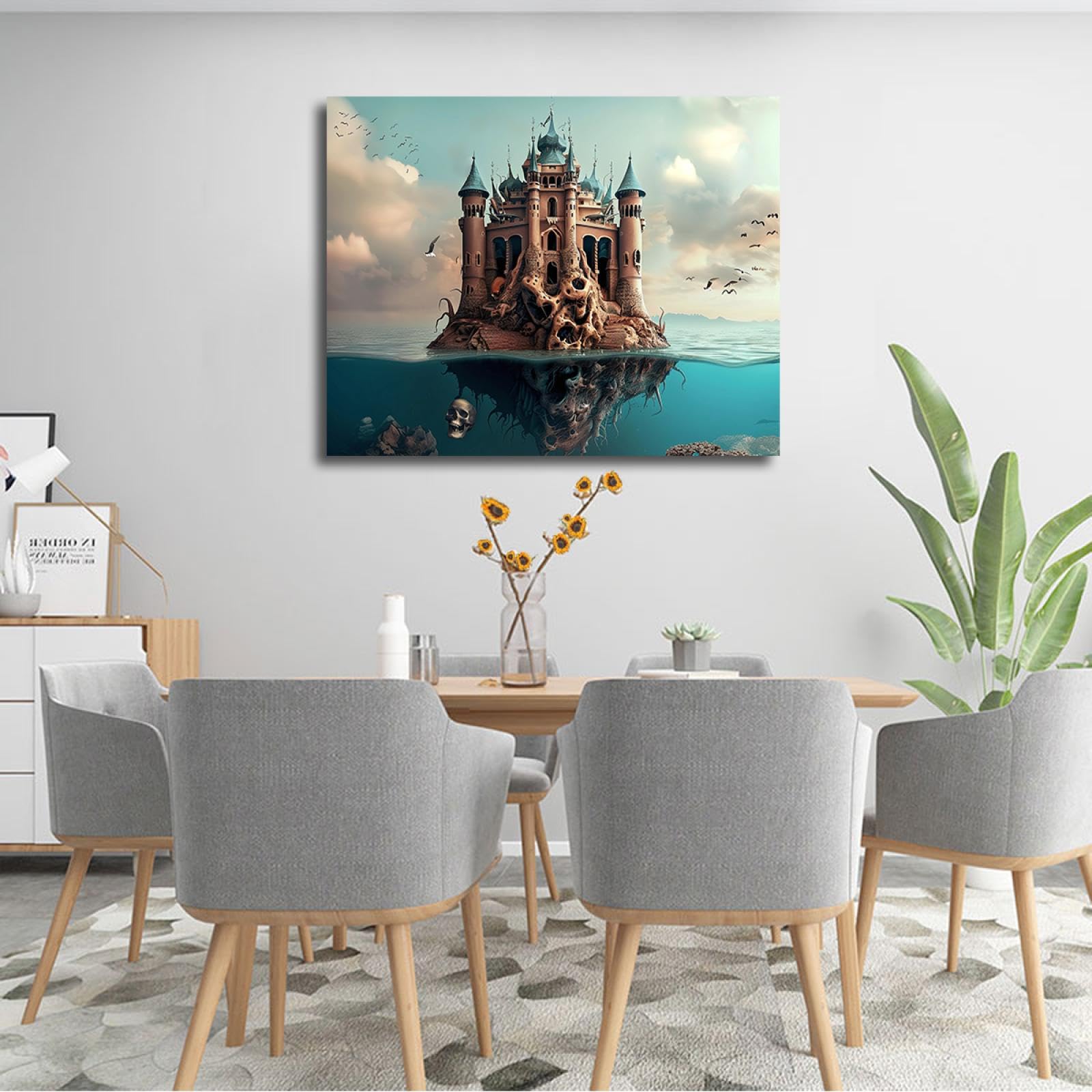 UIRINGART Palais gothique squelette toile art mural horreur crâne impression sur toile affiche surréalisme paysage photo oiseaux volants décor mural 75x100cm cadre intérieur