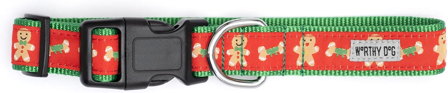 THE WORTHY DOG Collar for Medium Dogs, Adjusts 12-18 inches, Durable Nylon Webbing, Quick Release Buckle,Gingerbread Bones Pattern, Red, Medium