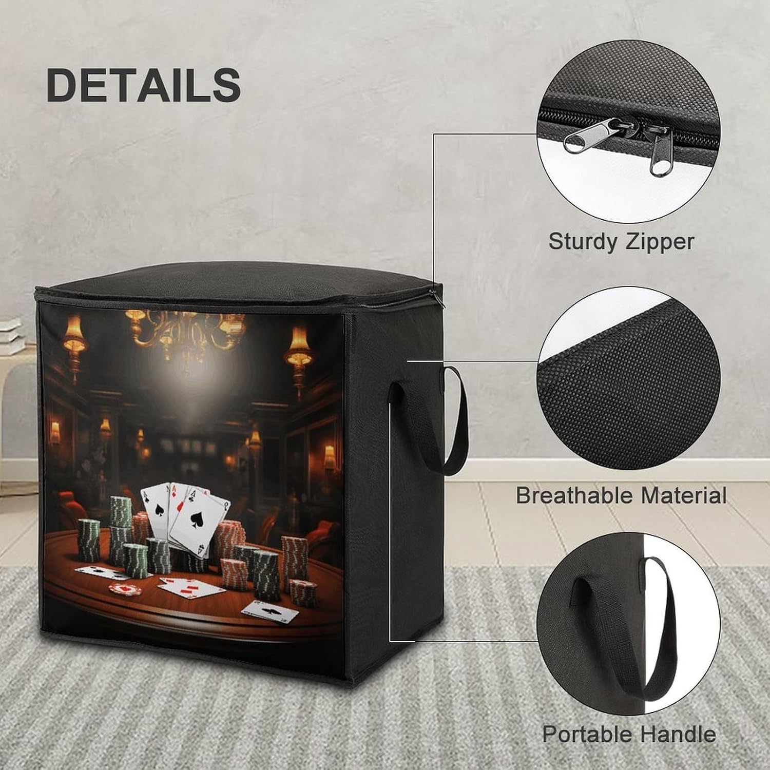 Poker Tournament Storage Bag with Zippers And Handle Extra Large Bedding Comforter Storage Bag Foldable Blanket Storage Bags Fabric Moving Bags for Closet Organizer (70L)