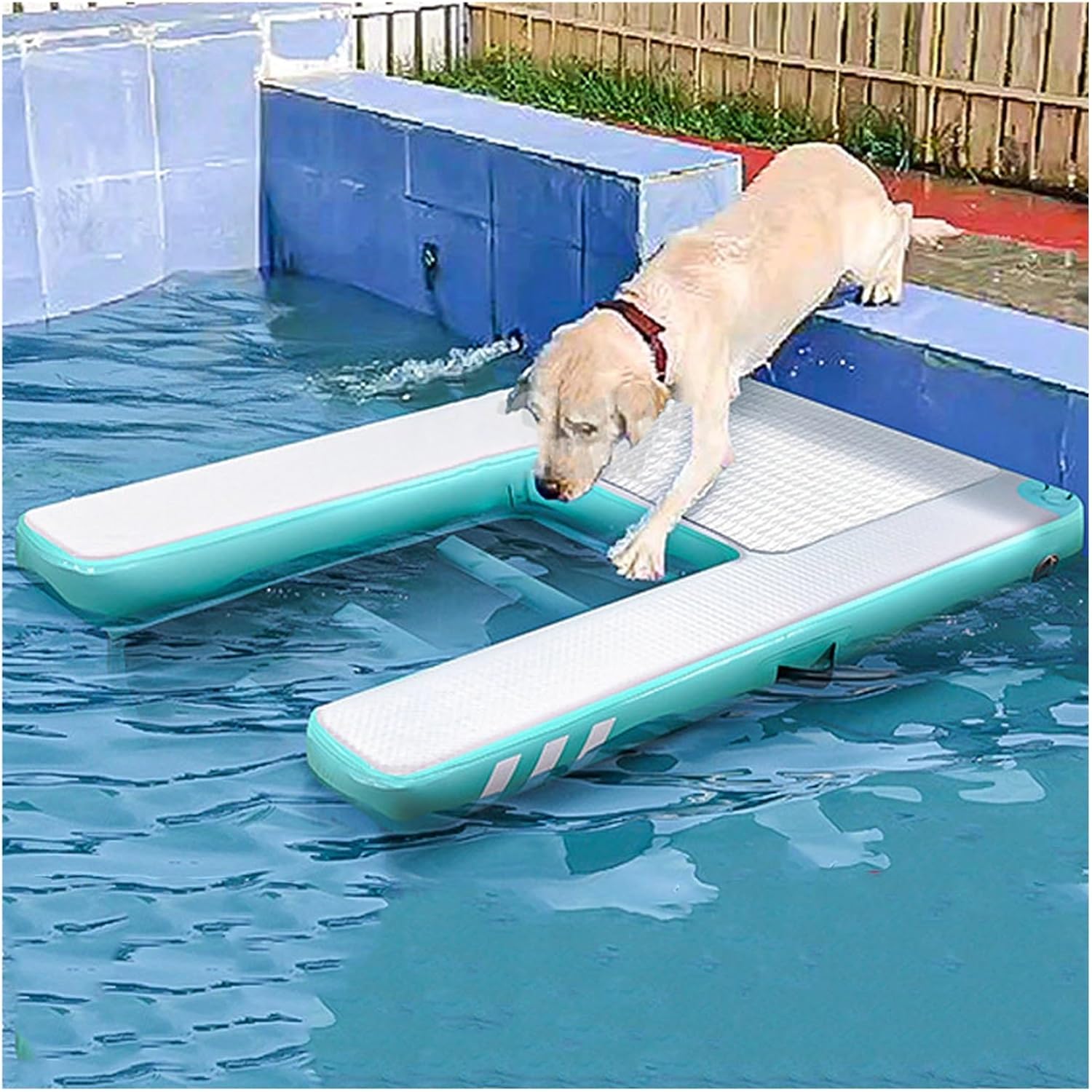 Inflatable Dog Pool Float Dock Platform for Small/Large Dogs, Dog Pool Ramp Ladder with Non Slip Steps, Portable Foldable Dog Ramp for Dogs to Get Into Above Ground Pool
