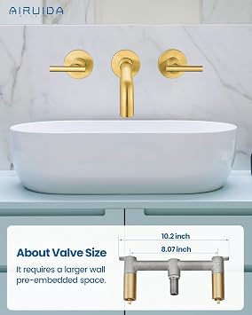 Airuida Wall Mounted Bathroom Sink Faucet,Brushed Gold Vanity Sink Faucet