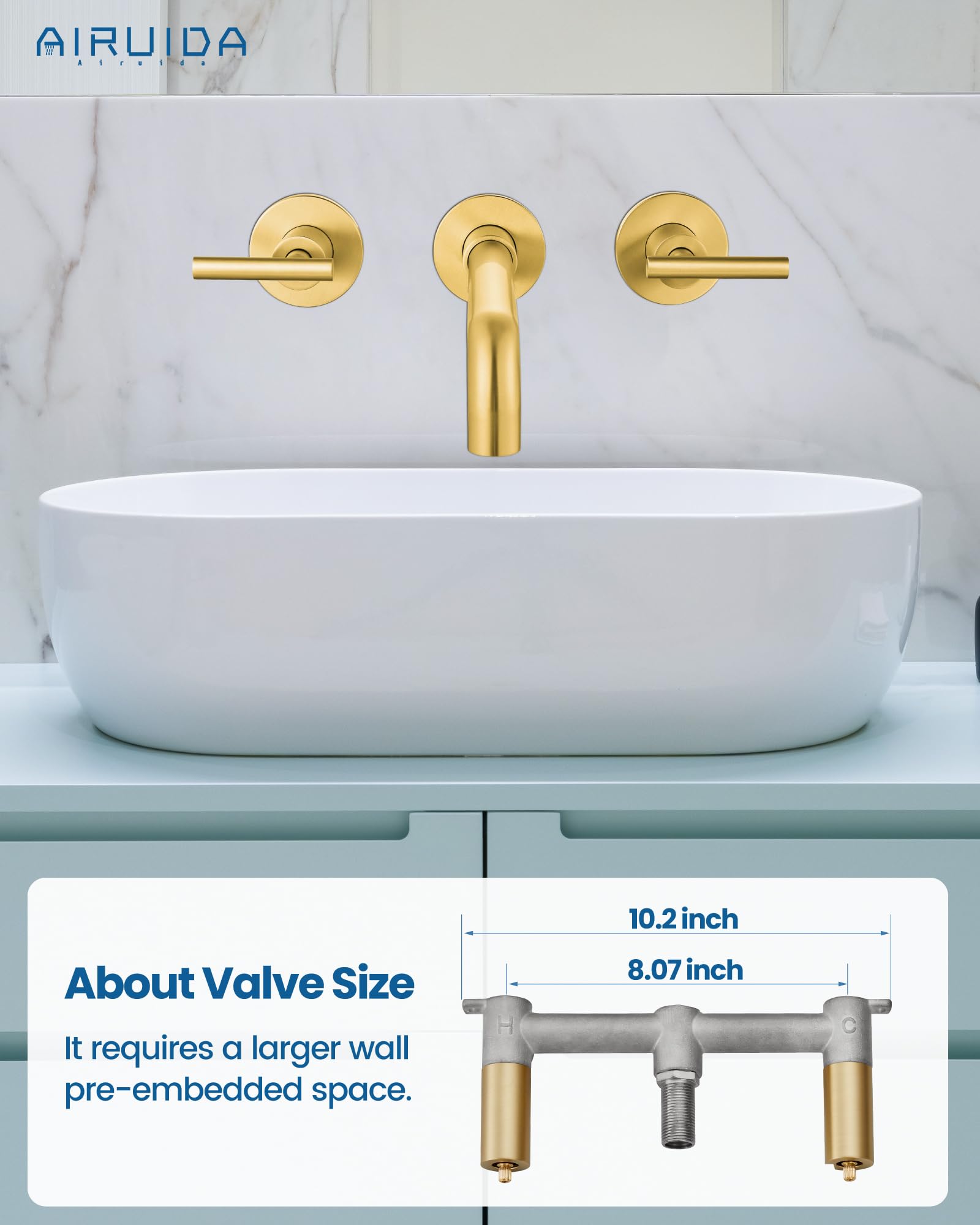 Grifo de lavabo de baño de oro cepillado de 3 agujeros, doble mango, boquilla giratoria 360, montaje en pared, bañera relleno áspero en válvula, Airuida
