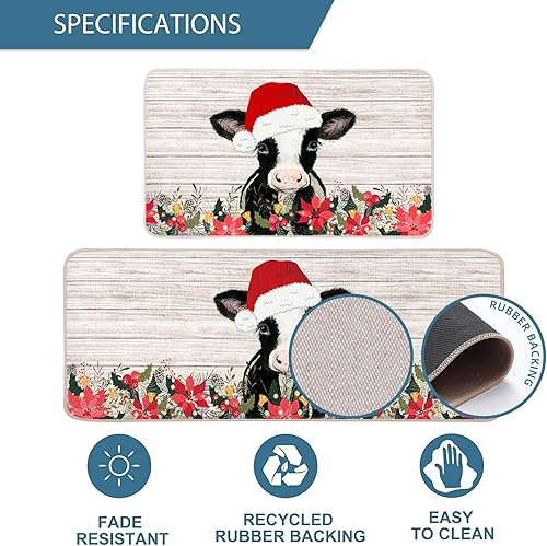 Miniatura 3 de Juego de 2 tapetes de cocina de vaca navideña, 17 x 29 y 17 x 47 pulgadas, diseño de flor de pascua, antideslizantes, para el hogar