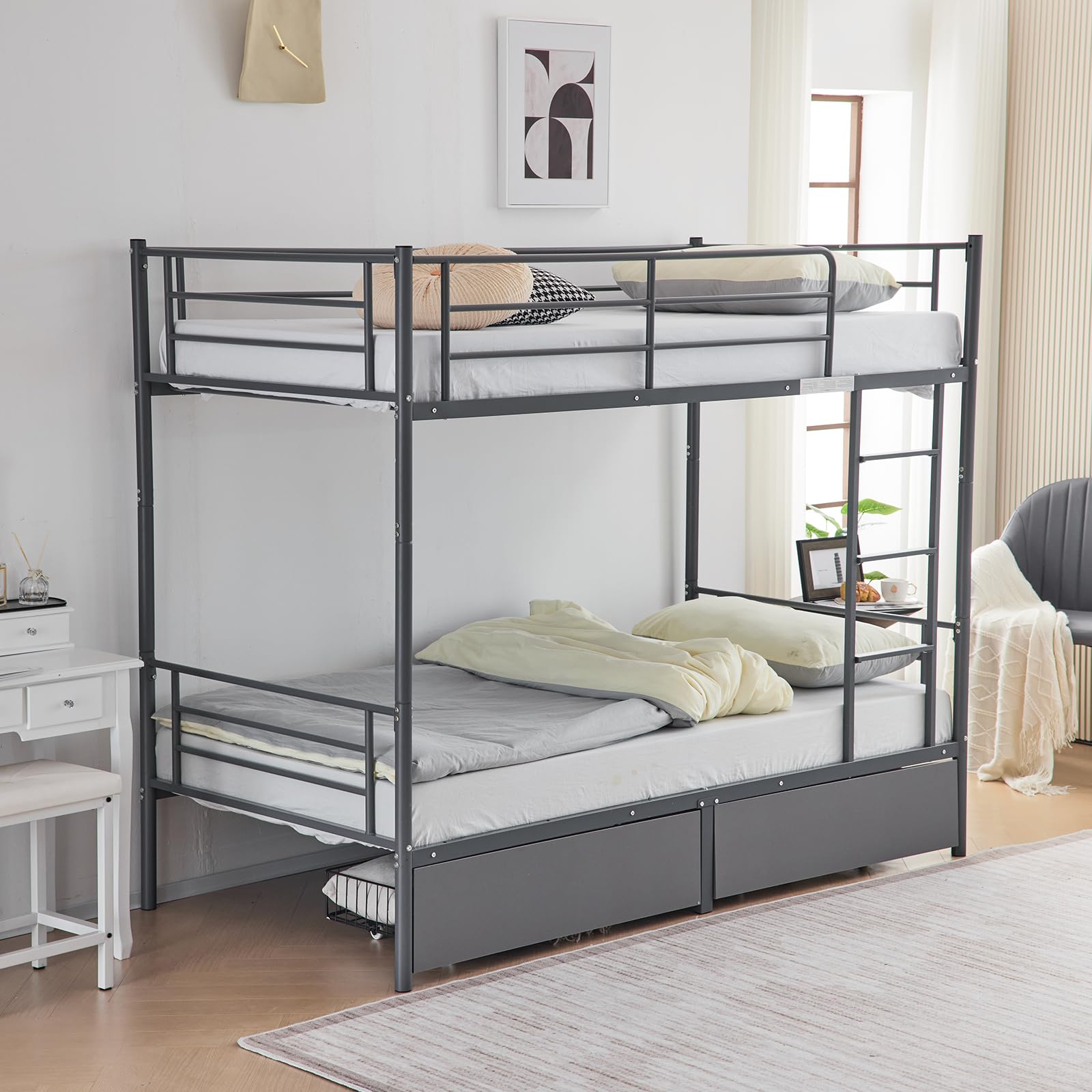 Karl home Grey Bunk Bed Twin Over Twin with 2 Storage Drawers, Metal Bunk Bed with Built-in Ladder and Safety Guardrail, Space-Saving Twin Bunk Beds for Kids, Teens & Adults, No Box Spring Needed