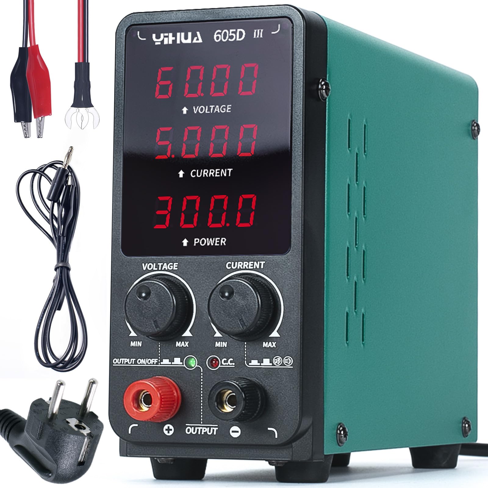 YIHUA 605D-III Alimentation de laboratoire banc d'établi réglable variable 60V 5A DC labo avec pinces crocodiles mode CC/CV automatique pour l'électronique la réparation la galvanoplastie ingénierie