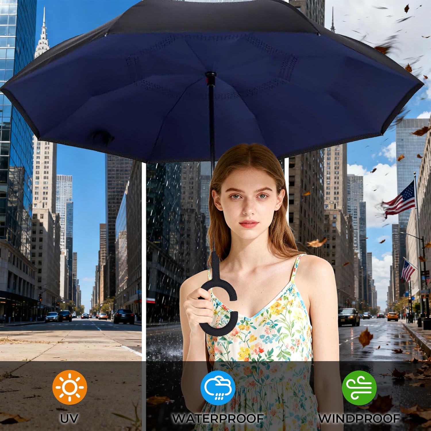 Inverted Umbrella,Windproof Reverse Umbrellas for Rain with Reversible Inside-Out Design Large Upside Down Umbrella for Women & Men with C-shaped Handle