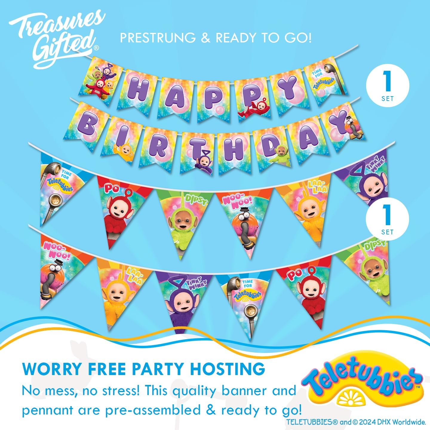Treasures Gifted Officially Licensed Teletubbies Birthday Party Decorations - Serves 16 Guests - Ultimate Set Party Supplies - Dinnerware, Banners, Backdrop & Cake Toppers