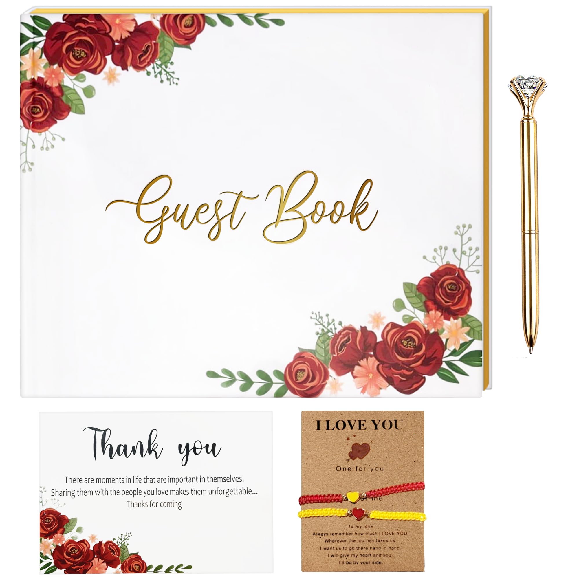 Suly Boutique Modern Wedding Guest Book, Guest Book Includes a Pen, Baby Shower Guest Book for Party a Thank You Card, Guest Book Wedding Reception Two Brazalet, Wedding Scrapbook Design of Red Roses