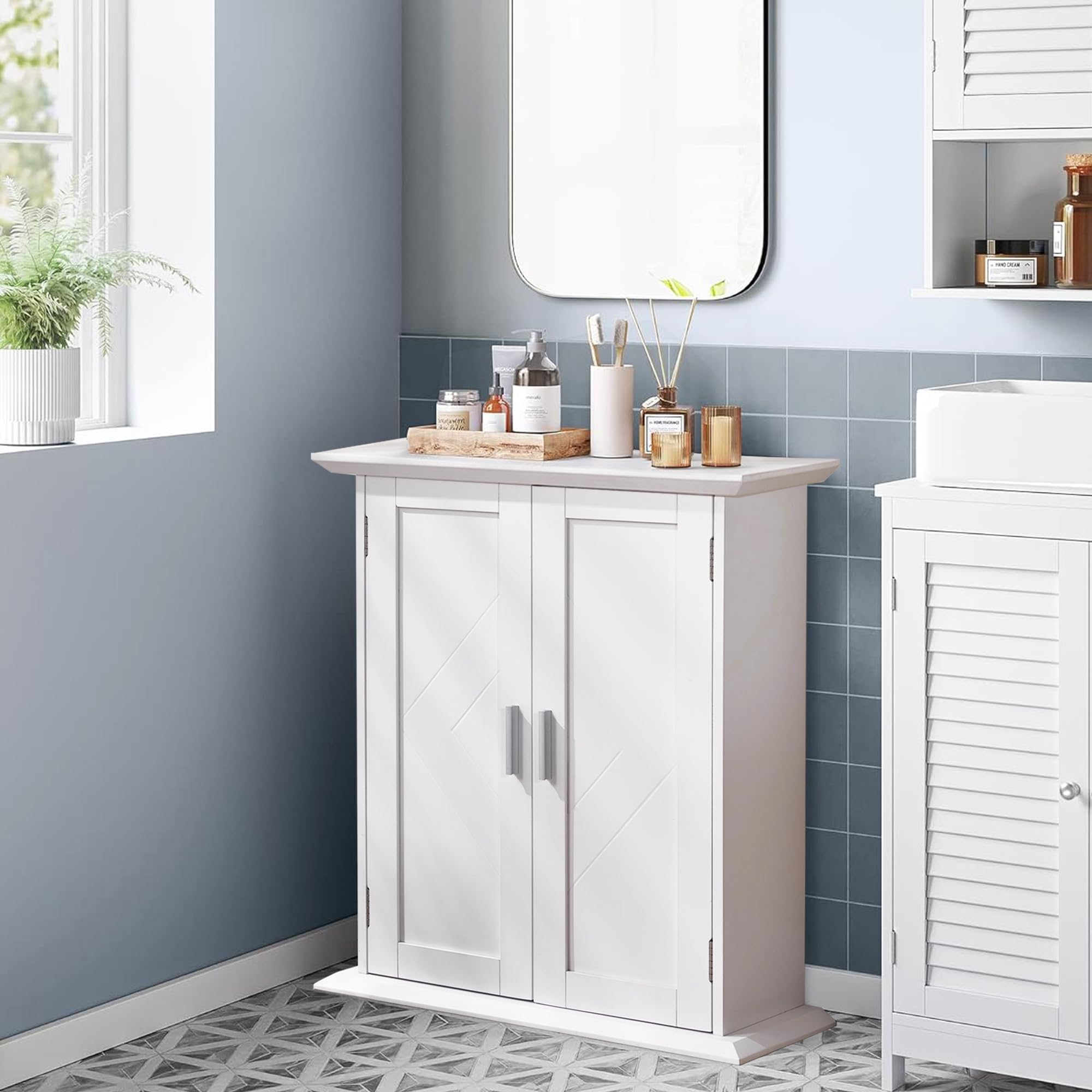 VECELO Bathroom Floor Cabinet Freestanding Storage with Double Doors and 2-Tier Adjustable Shelves, 21.1" L x 8.78" W x 24.02" H, White