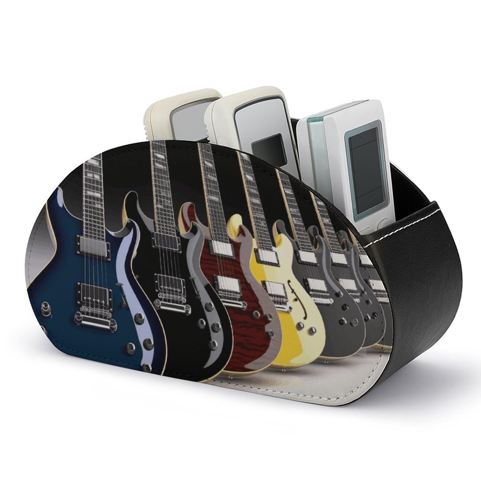 VstaDank Electric Guitar Remote Control Holder with 5 Compartments PU Leather Remote Caddy Desktop Organizer Store TV Remote Control Storage Box for Home Office Desk Nightstand