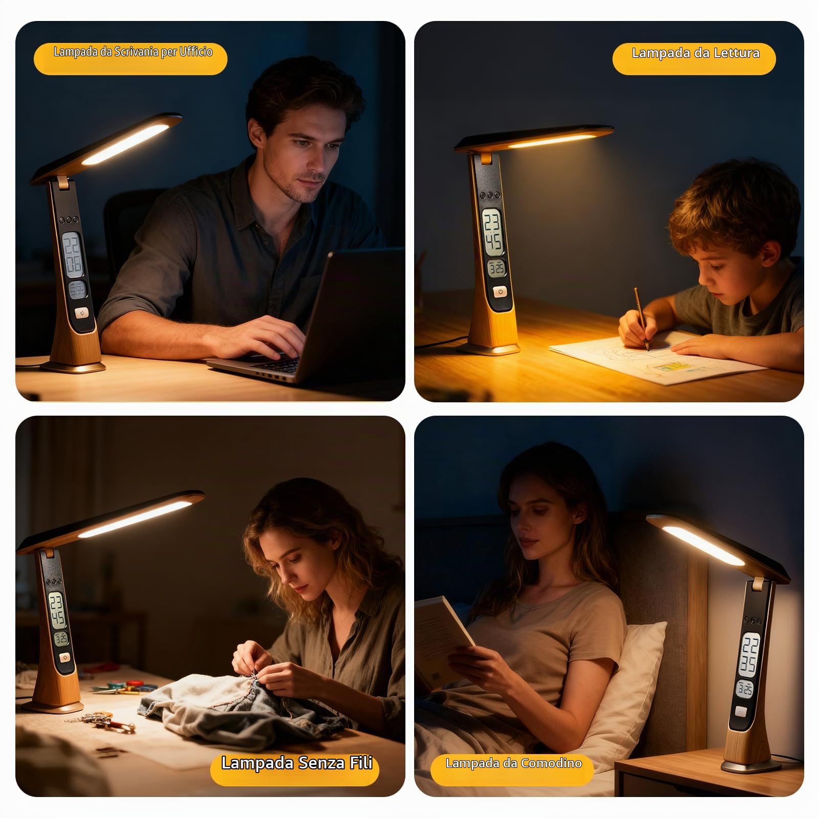 Lampada da Scrivania LED, 3 Colori, Ricaricabile 1800mAh, con Orologio, Controllo Tattile, Pieghevole