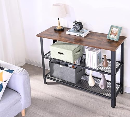 Mesa de sofá consola con 2 estantes de malla, mesa de entrada estrecha de 39.4 pulgadas de largo, mesa de sofá industrial con marco de metal para