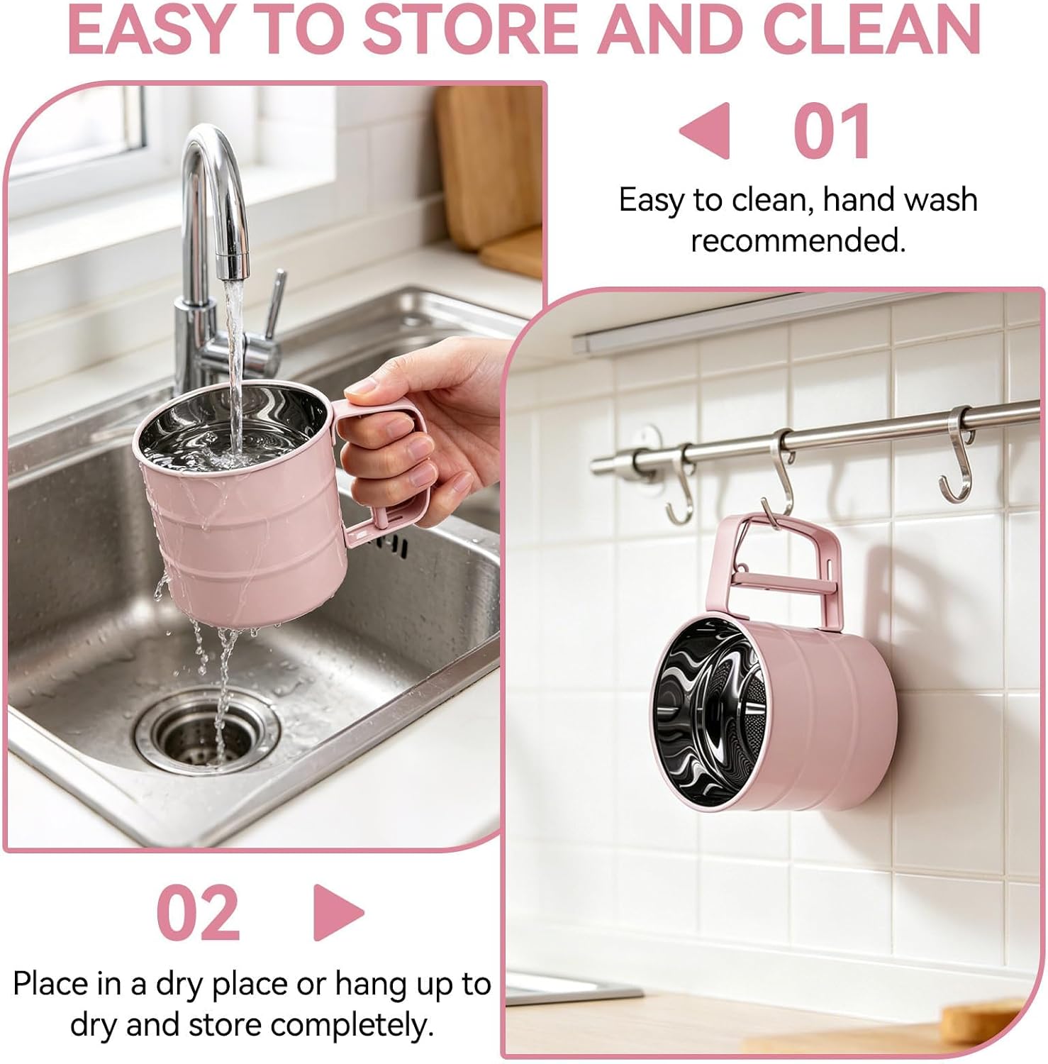 Stainless Steel Sifter for Baking, One Hand Press Flour Sieve Fine Mesh Pastry Sieve Cup for All Baking Flour and Powdered Sugar, Flour Strainer (Pink)