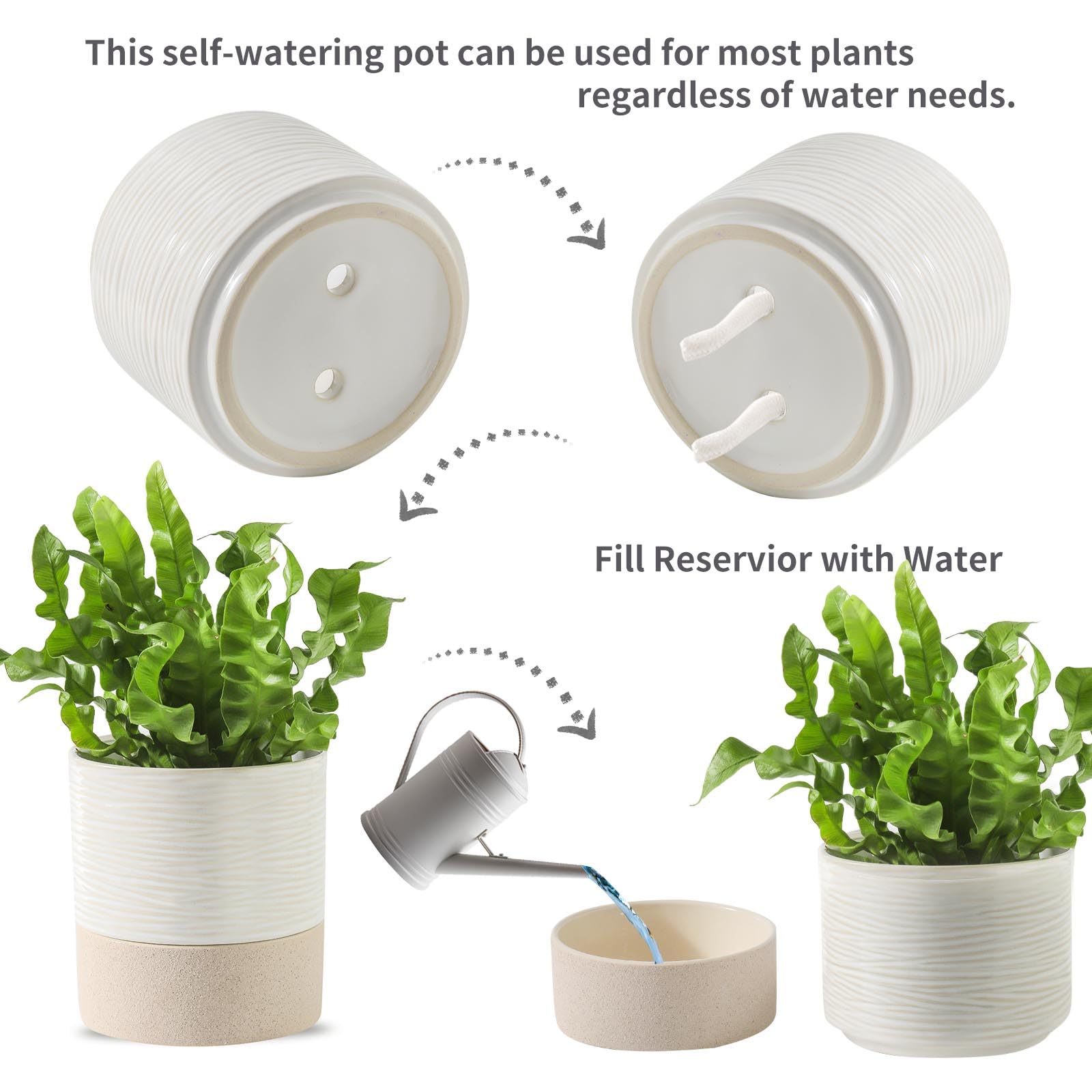 Nihow Selbstbewässernder Blumentopf für Zimmerpflanzen: 11,4 cm + 15,2 cm Keramik-Pflanzgefäß mit Ablaufloch & Wasserspeicher Plus – Zylinder-Blumentopf mit Docht für Kräuter – Weiß & Braun