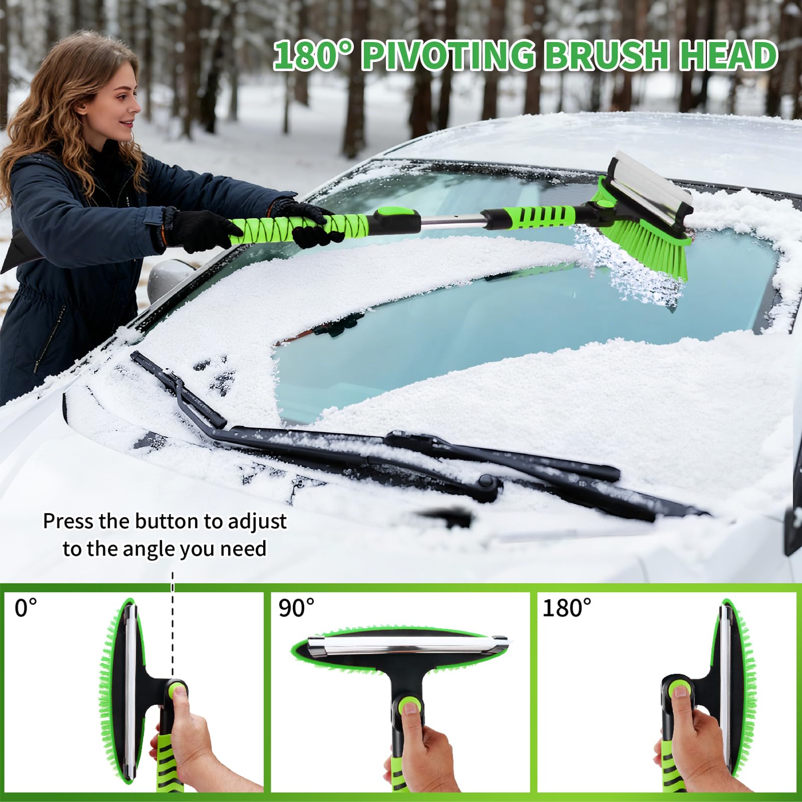 Schneeschaufel und Schneebürste mit Eiskratzern für Auto-Windschutzscheibe, 5-in-1 ausziehbares, Dickes Aluminiumrohr, 180° schwenkbarer Bürstenkopf und Schaumstoffgriff für Weihnachten, Autos, LKWs
