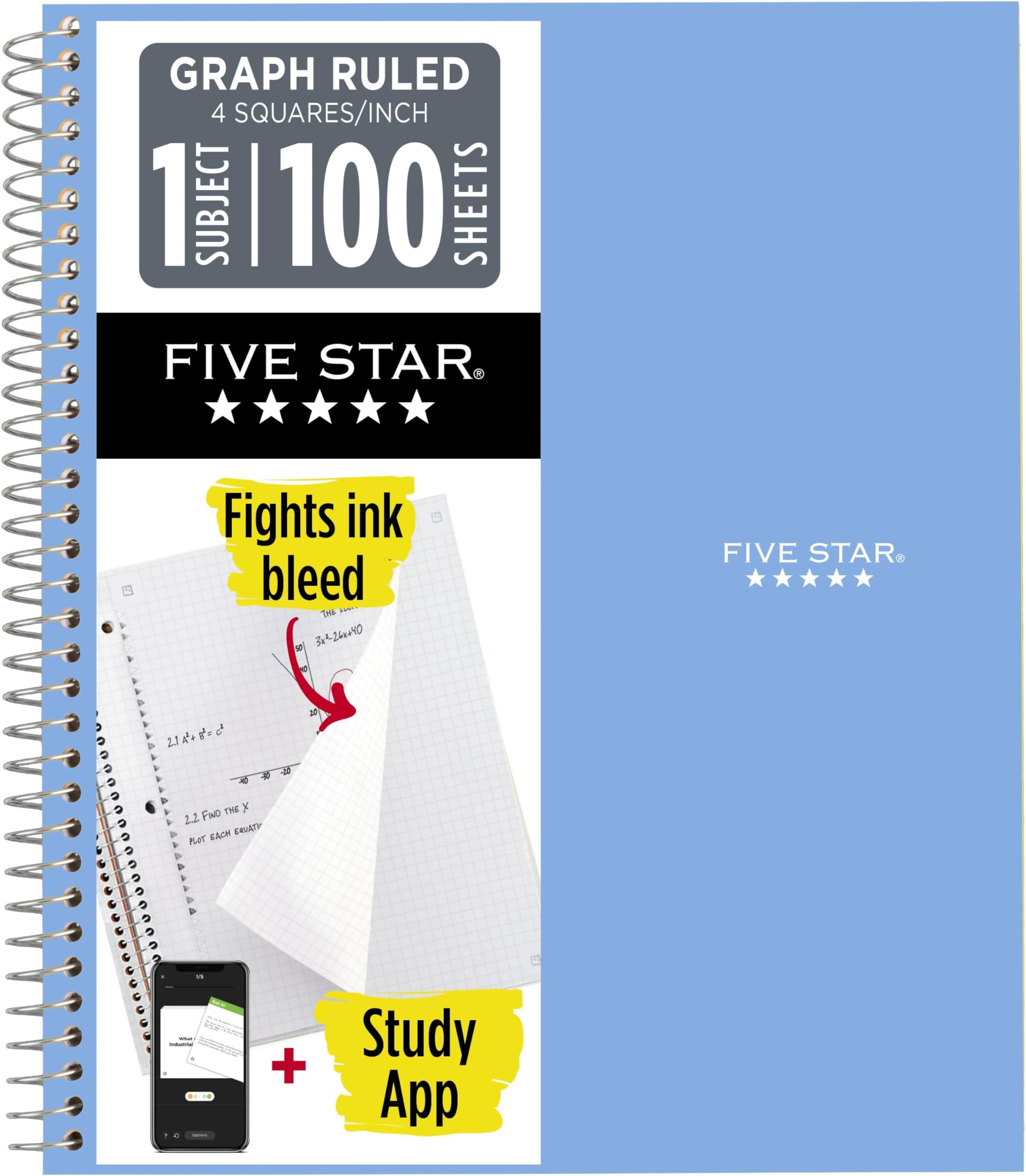 Spiral Notebook + Study App, 1 Subject, Graph Ruled Paper, 8-1/2" x 11", 100 Sheets, Fights Ink Bleed, Water Resistant Cover, Tidewater Blue (06190AA4)