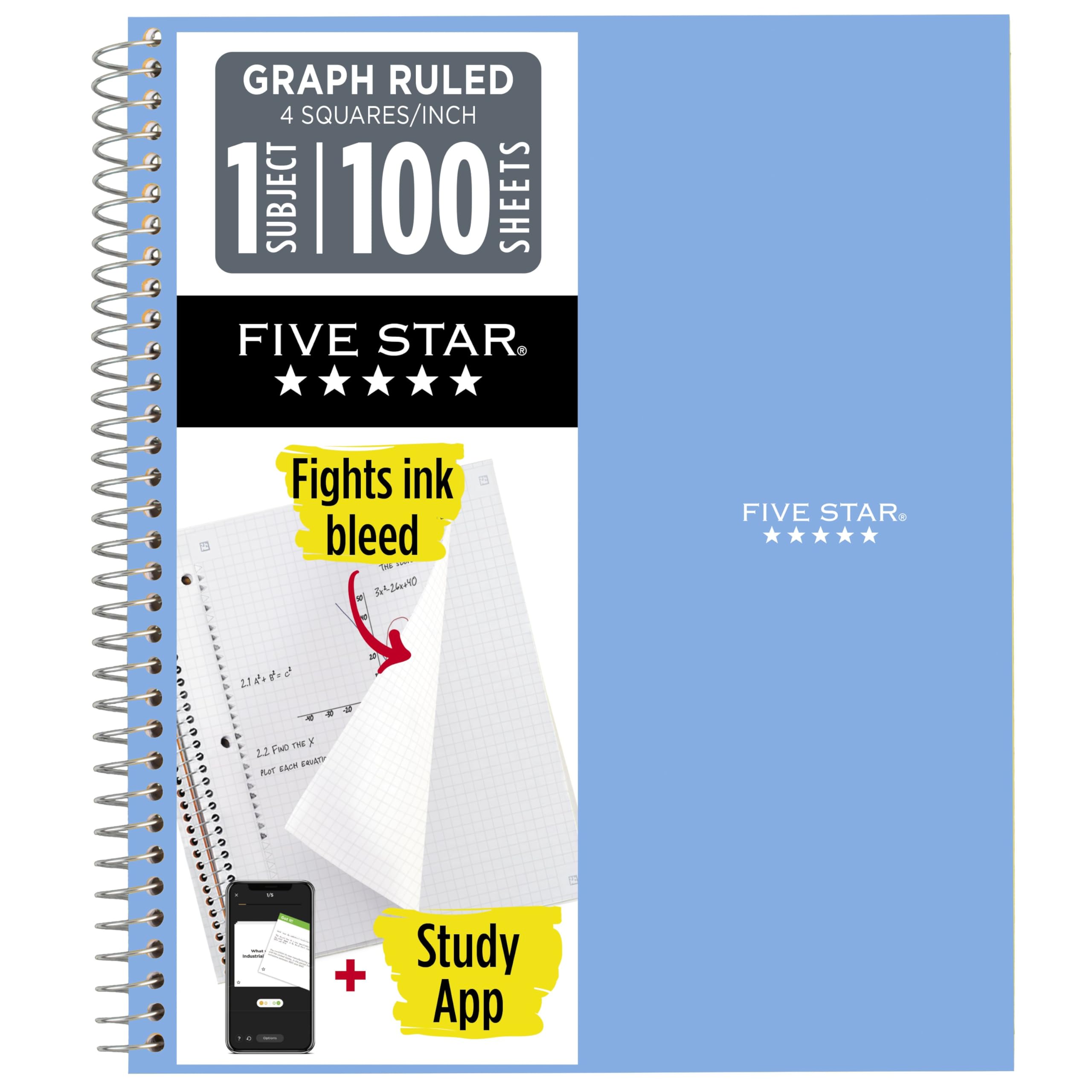 Five Star Spiral Notebook + Study App, 1 Subject, Graph Ruled Paper, 8-1/2" x 11", 100 Sheets, Fights Ink Bleed, Water Resistant Cover, Tidewater Blue