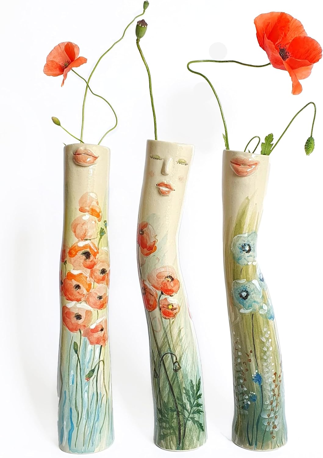 Spring Family Bud Vases, Resin Bohemian Hand Painted Character Vase, Girls Face Cute Home Decor for Living Room, Personalized (3PCS, A)