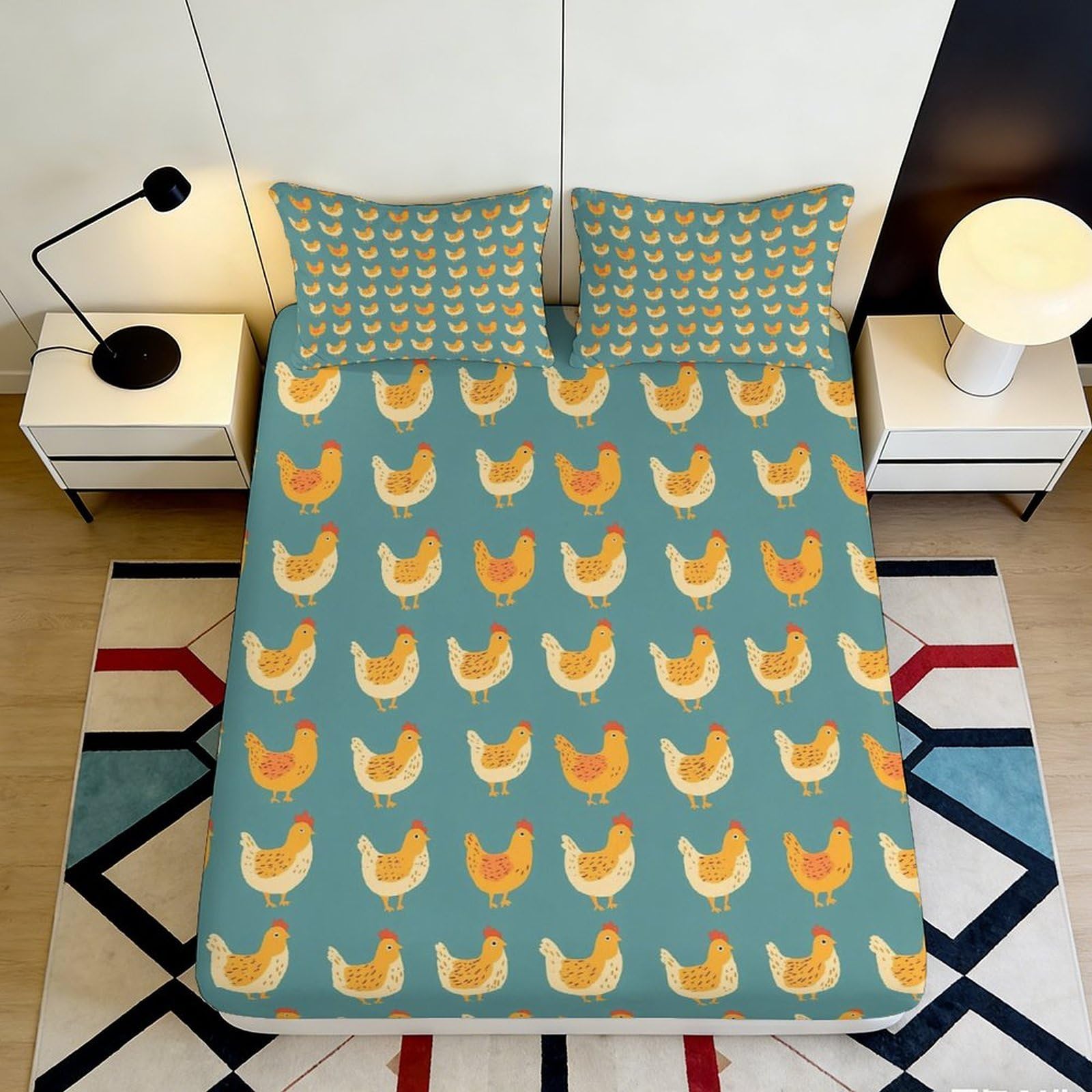 3D Printed Rooster Pattern Fitted Sheet Microfiber Deep Pocket Non-Slip Bedding Set Rooster Mattress Fitted Cover for Bedroom 90x200x25cm