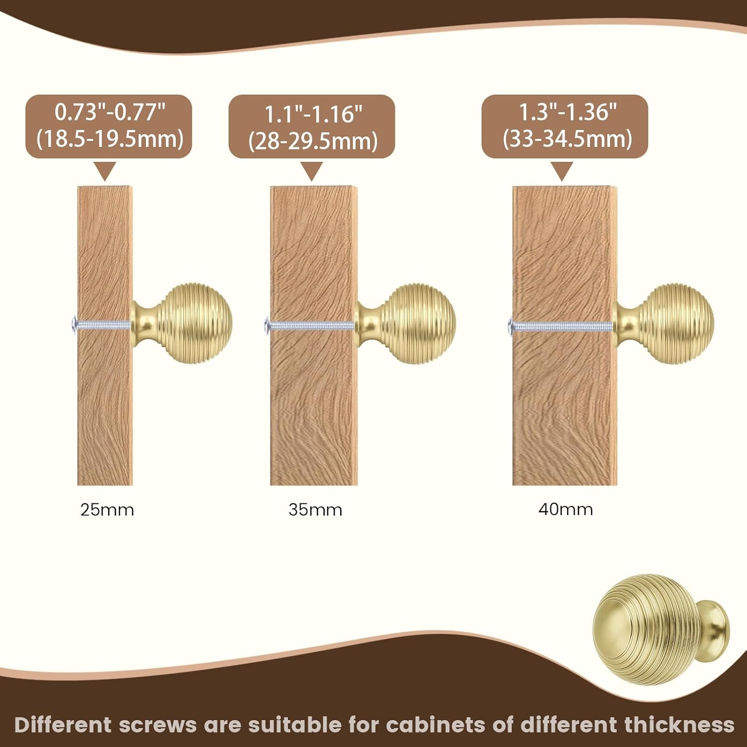 6 Pack Gold Cabinet Knobs, Polished Brass Knobs for Drawer Dresser, Round Ball Solid Kitchen Cabinet Hardware, Thread Texture, Diameter 1.18"(30MM)