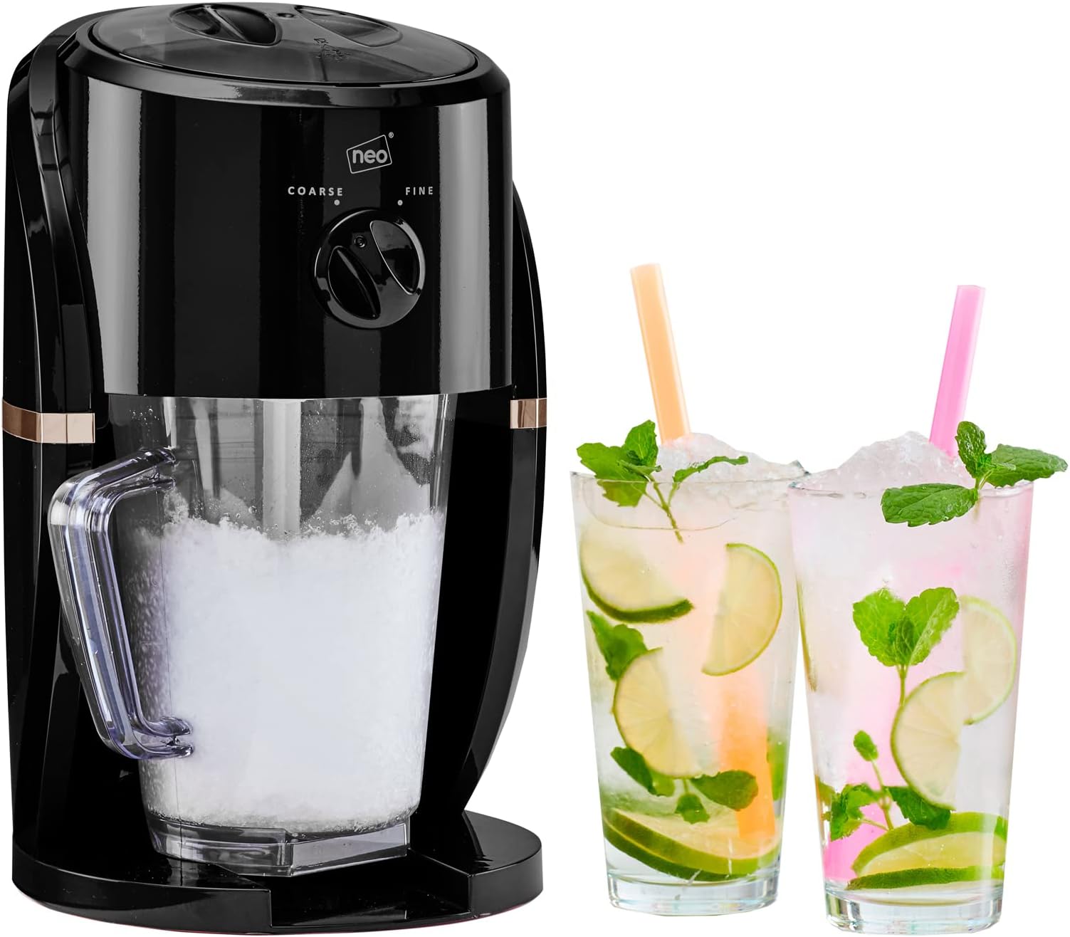 Neo Ice Crusher Slush Machine Electric Crushed Ice Maker with Removable Jug for Blending Slushies, Cocktails, Frappe, Coffee and Iced Tea (Black and Copper)