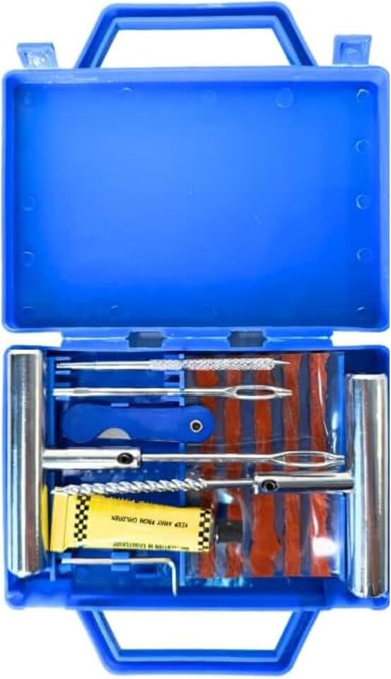 GONZALUX - Kit Reparo 15 peças - Pneu Carro e Moto - Ferramentas Completa com Tampa, Alargador, Inseridor, Tiras Vedação, Cola Vulcanização, Macarrão - Maleta Azul Portátil Emergência Estrada