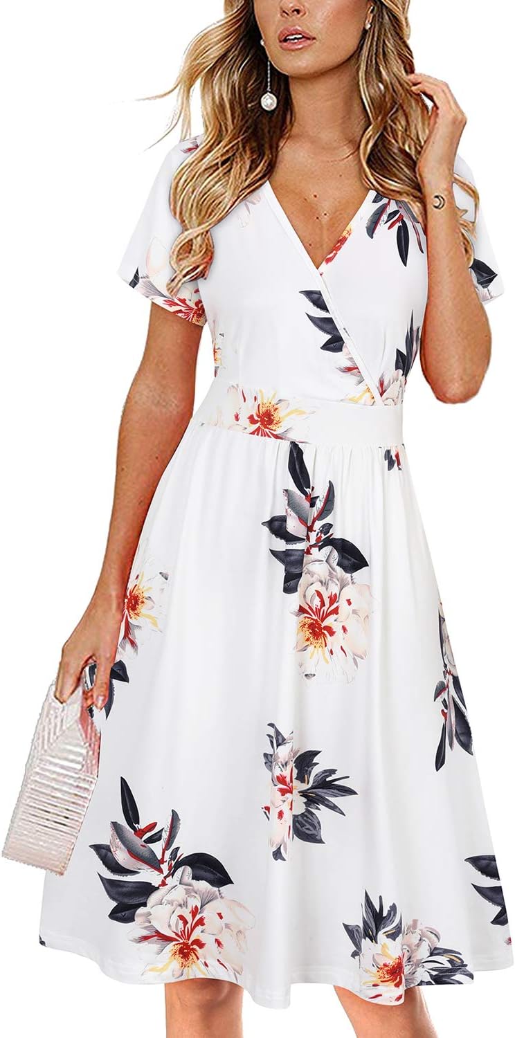 VOTEPRETTY Women’s Short Sleeve V Neck Wrap Summer Dress Casual Floral Sundress with Pockets