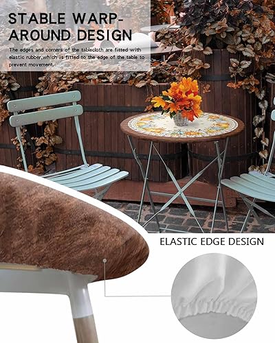 Miniatura 5 de Mantel redondo de calabaza de otoño con borde elástico, mantel ajustable estilo bohemio para mesas redondas, mantel retro de grano de madera a