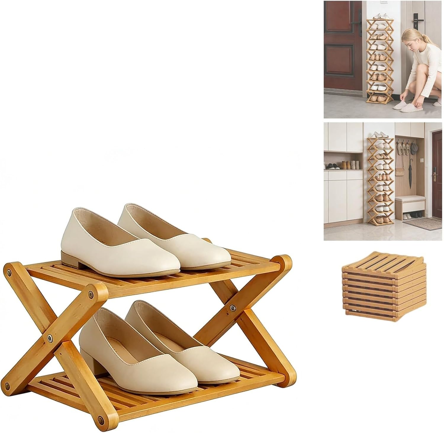 2/3/4/5/6/7/8/9-Tier Bamboo Shoe Rack — A Foldable, Assembly-Free, and Space-Saving Multi-Tier Storage Rack, Suitable for use Indoors and on Balconies.