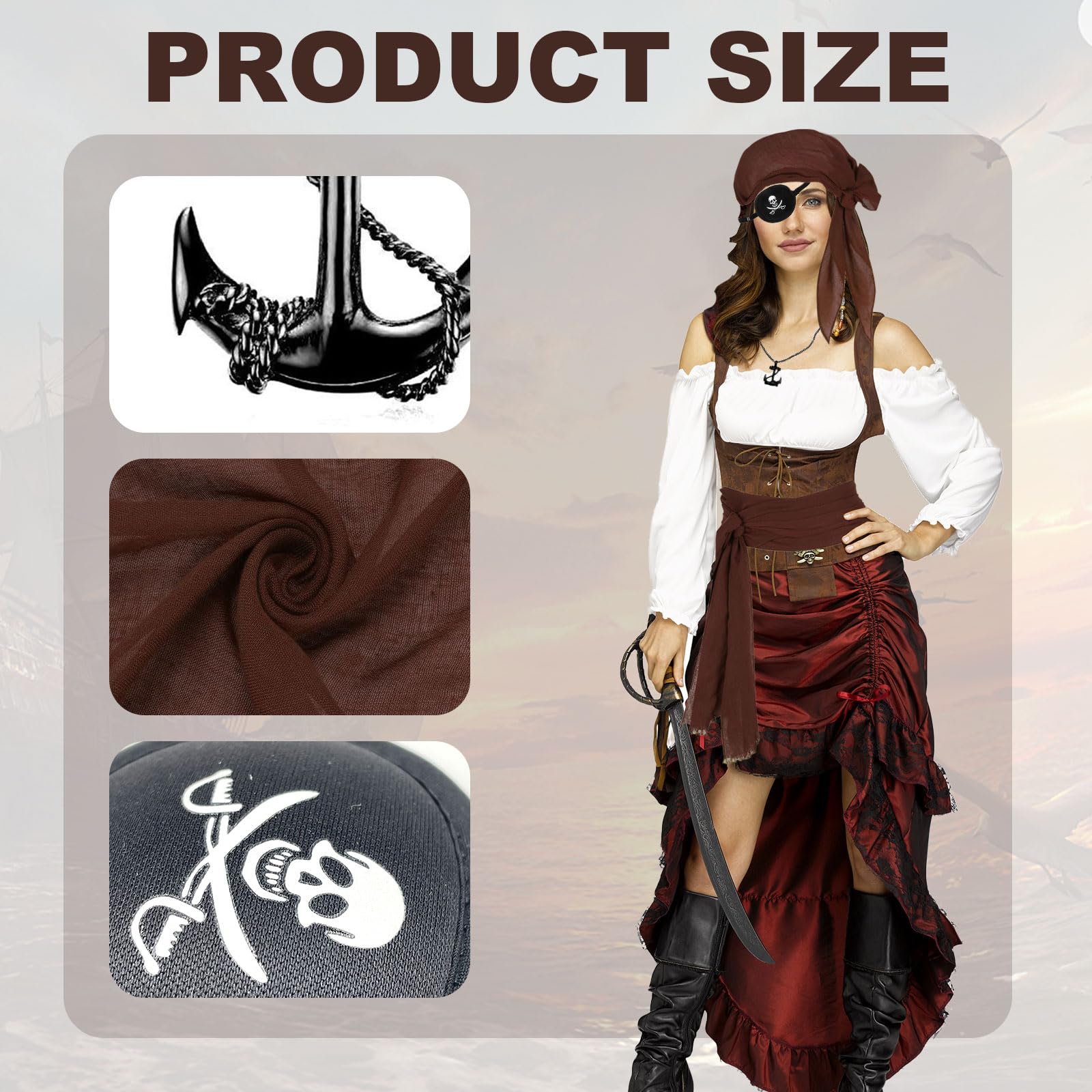 FUIPVGI Medieval Pirate Accessories Set, Belt Sash, Bandana, Eye Patch, Necklace - Image 3