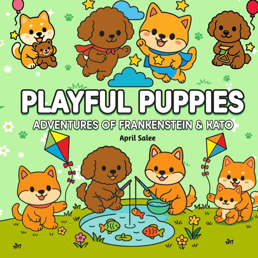 Playful Puppies, The Adventures of Frankenstein & Kato: Bold Easy & Fun Coloring Book: Friendly Puppies to color easy for beginners