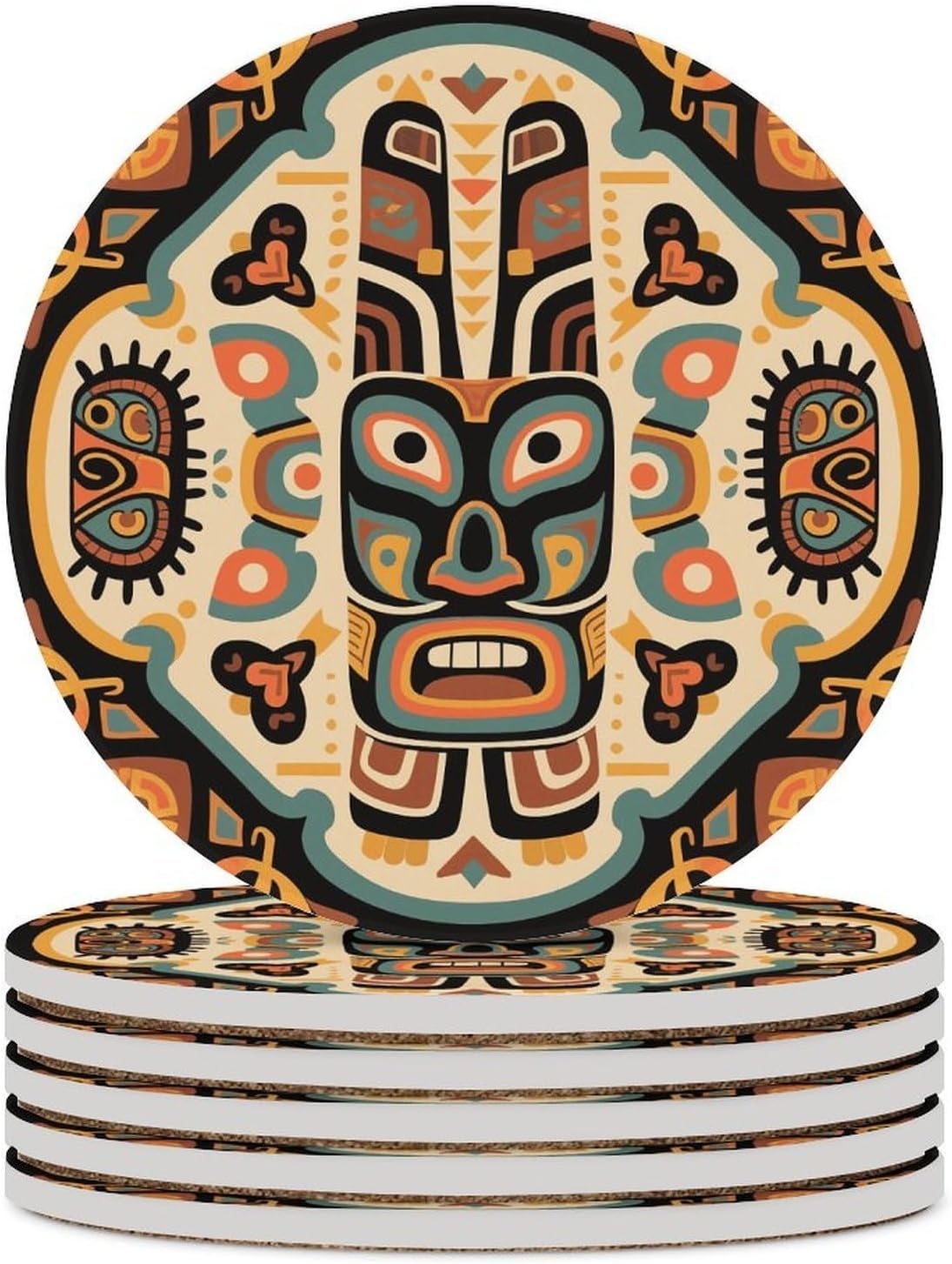 6PCS Ethnic Totem Coasters Non-Slip Round Drink Coasters with Ceramic Stone and Cork Base, Heat Resistant Absorbent 33.00Stone Coaster Set for Kinds of Mugs and Cups, 4 Inch