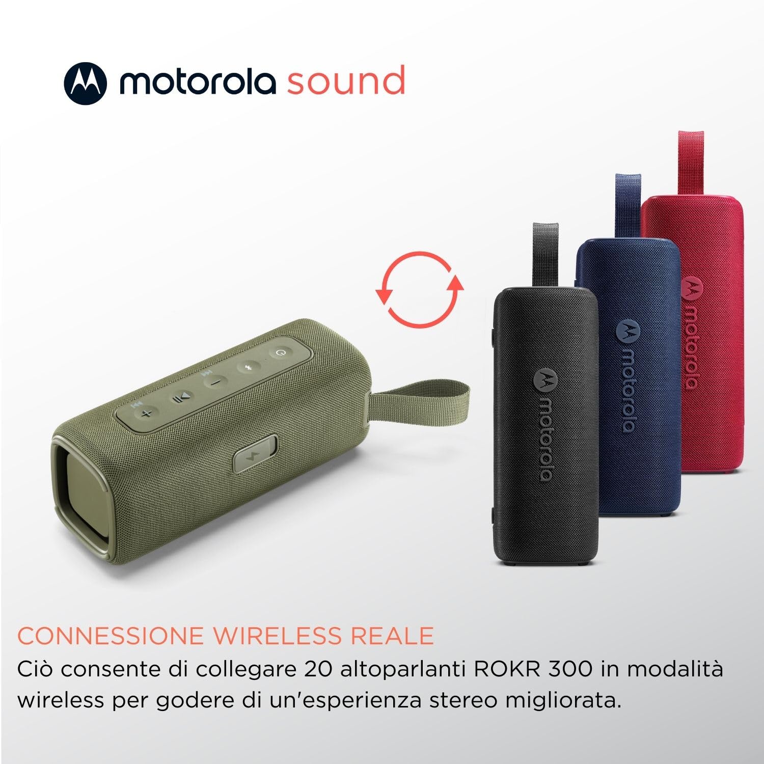 Motorola Sound - Altoparlante Bluetooth wireless ROKR 600 - Suono potente da 30 W, resistente all'acqua e polvere, funzione broadcast per collegare oltre 20 altoparlanti, 6 ore di riproduzione, verde