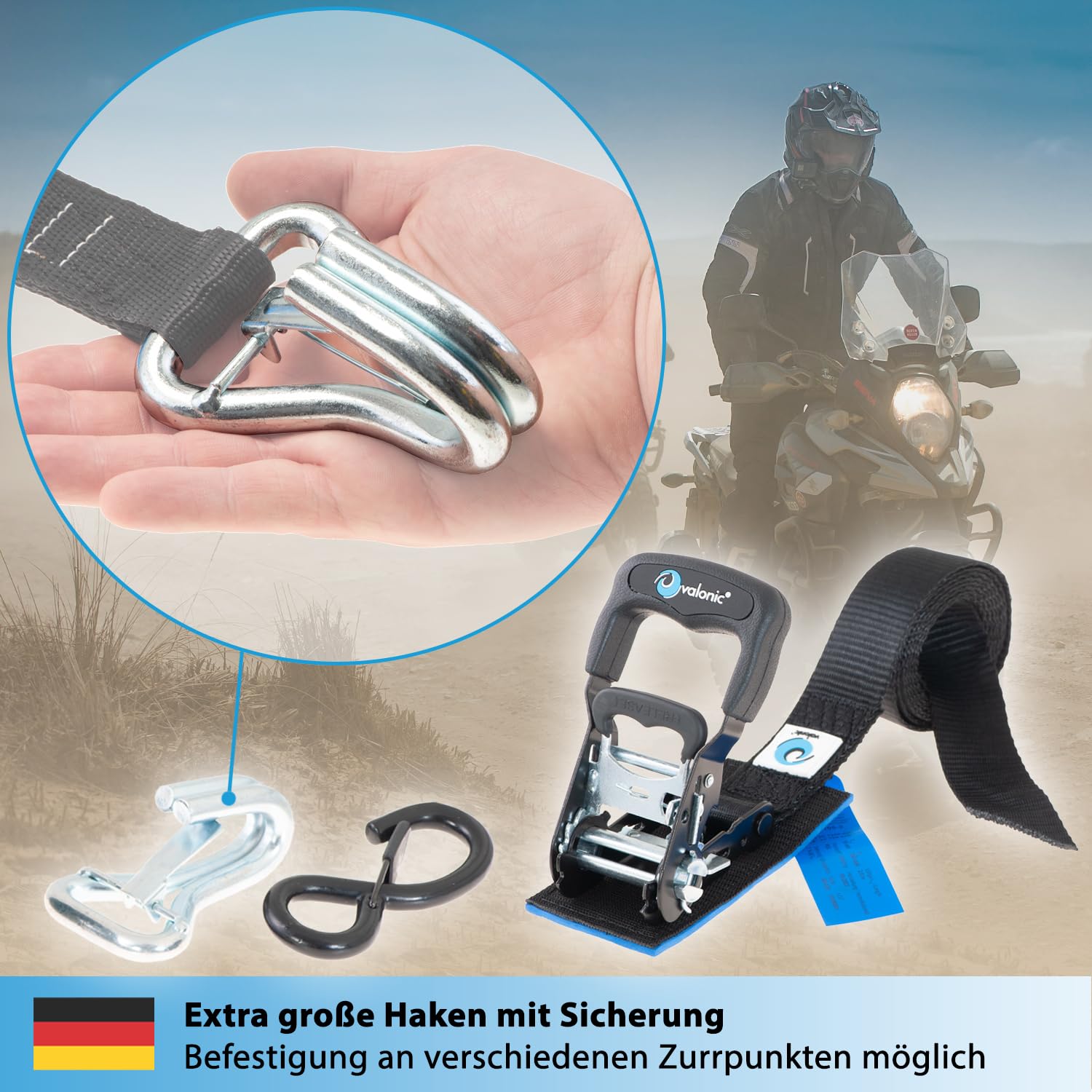 valonic PANTHER - 2x Motorrad Spanngurte mit Haken, 2,25m, blaue Fahne, 38mm, mit Polster, 650/1300 Kg, TÜV Rheinl. / GS zertifiziert, EN 12195-2 - sehr kurzer Spannweg, Motorradhalterung für Anhänger