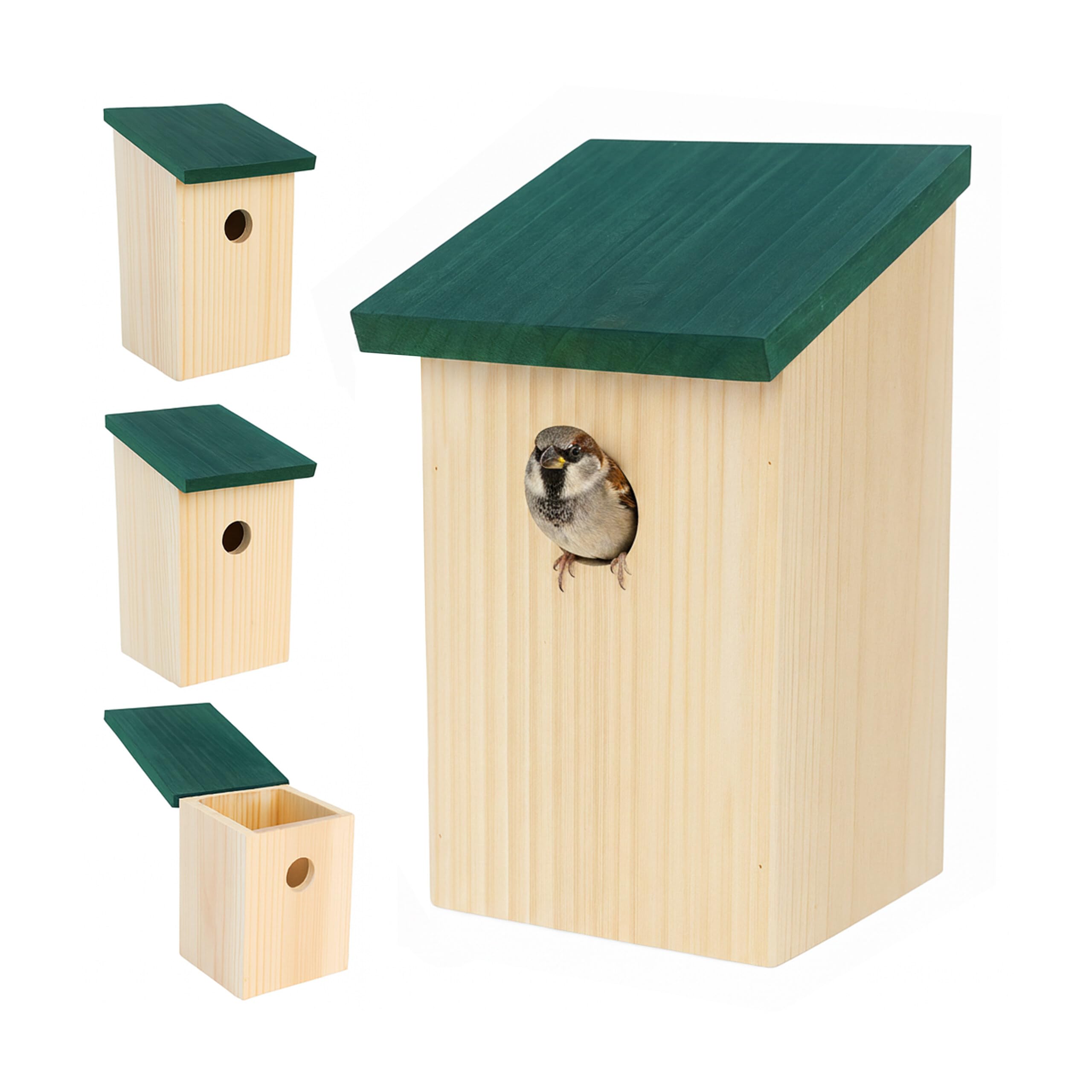 Relaxdays Caja Nido Set de 4 para Gorriones y Carboneros, Entrada 32 mm, Techo Abatible, Colgante, Natural/Verde, 22x12x14 cm