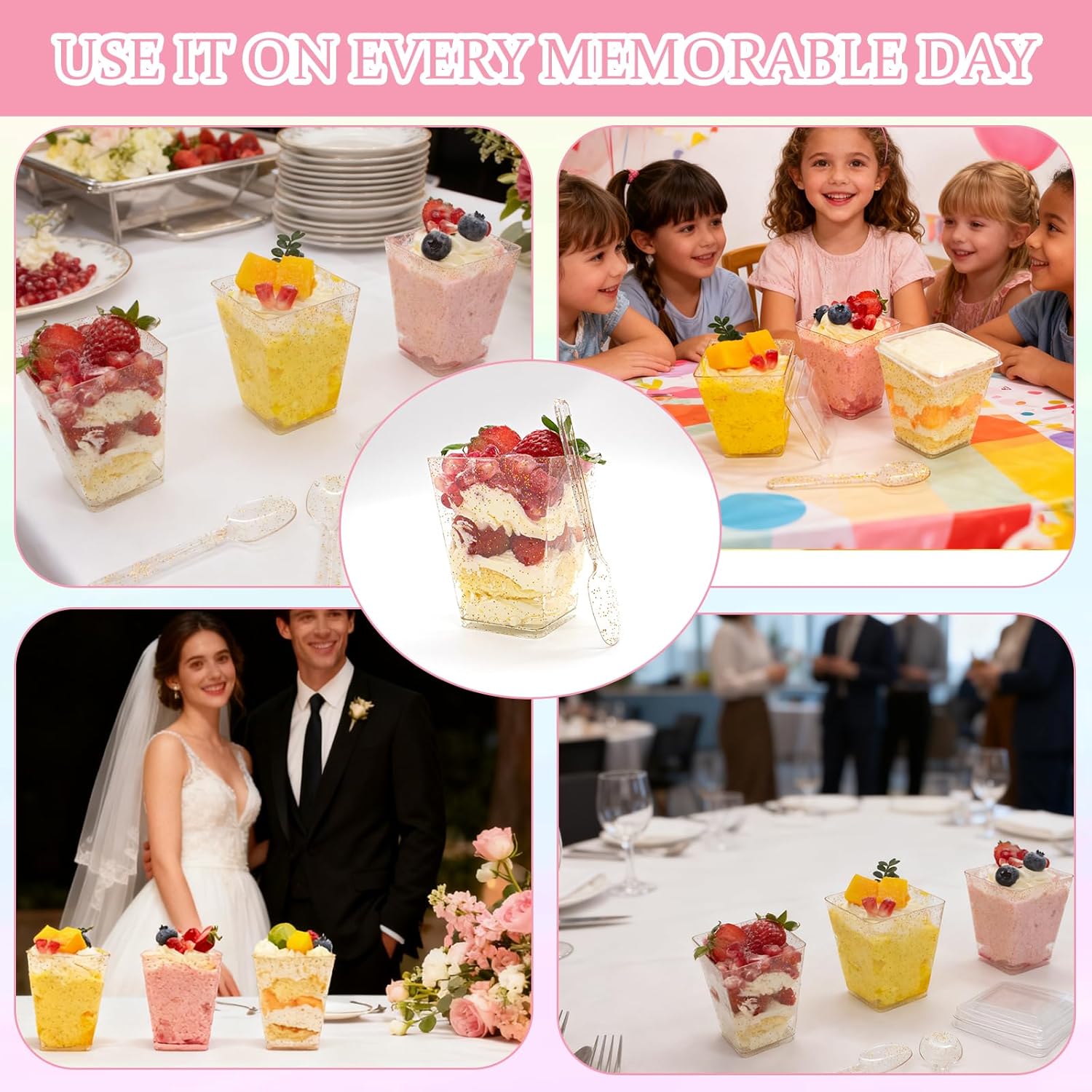 180 Pack Gold Glitter Dessert Cups with Lids and Spoons 5Oz Plastic Square Yogurt Parfait Appetier Cups for Party Disposable Small Dessert Shooter for Ice Cream,Fruit and Pudding - Image 6