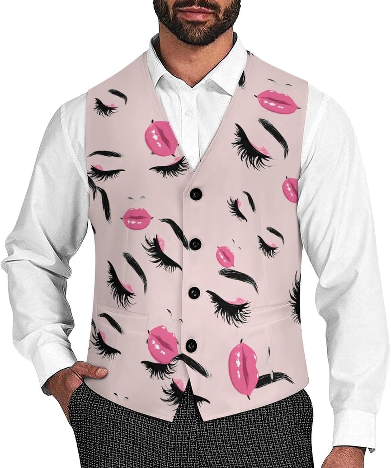 Eyelash Lip Print Men's Suit Vest Formal Vests Casual Dress Fit Waistcoat Casual Tuxedo for Business