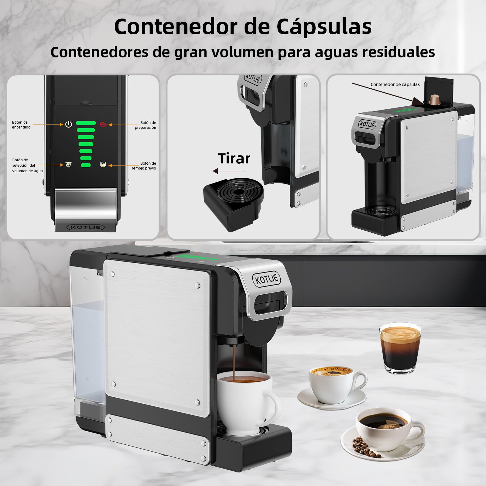 4 en 1 Máquina de Café en Cápsulas 19BAR para Lavazza MIO/Nespresso Original/Dolce Gusto cápsulas y Café Molido, Máquinas Automáticas de Café Espresso en Cápsulas Pequeñas, 1L, 1450 W (BLACK-ES) | 4 en 1 para cápsulas y polvos NES originales, DG*/Mio, 7 c