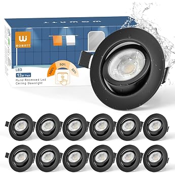 wowatt 12er LED Spots Schwarz 3 Stufen Dimmbar LED Einbaustrahler 230V Schwenkbar 68mm Lochma  5.5W 600LM Spots Deckenleuchte 2800K Warmwei  IP44 Deckenspots Ultra Flach f r Badezimmer K che Rund [Energieklasse E]