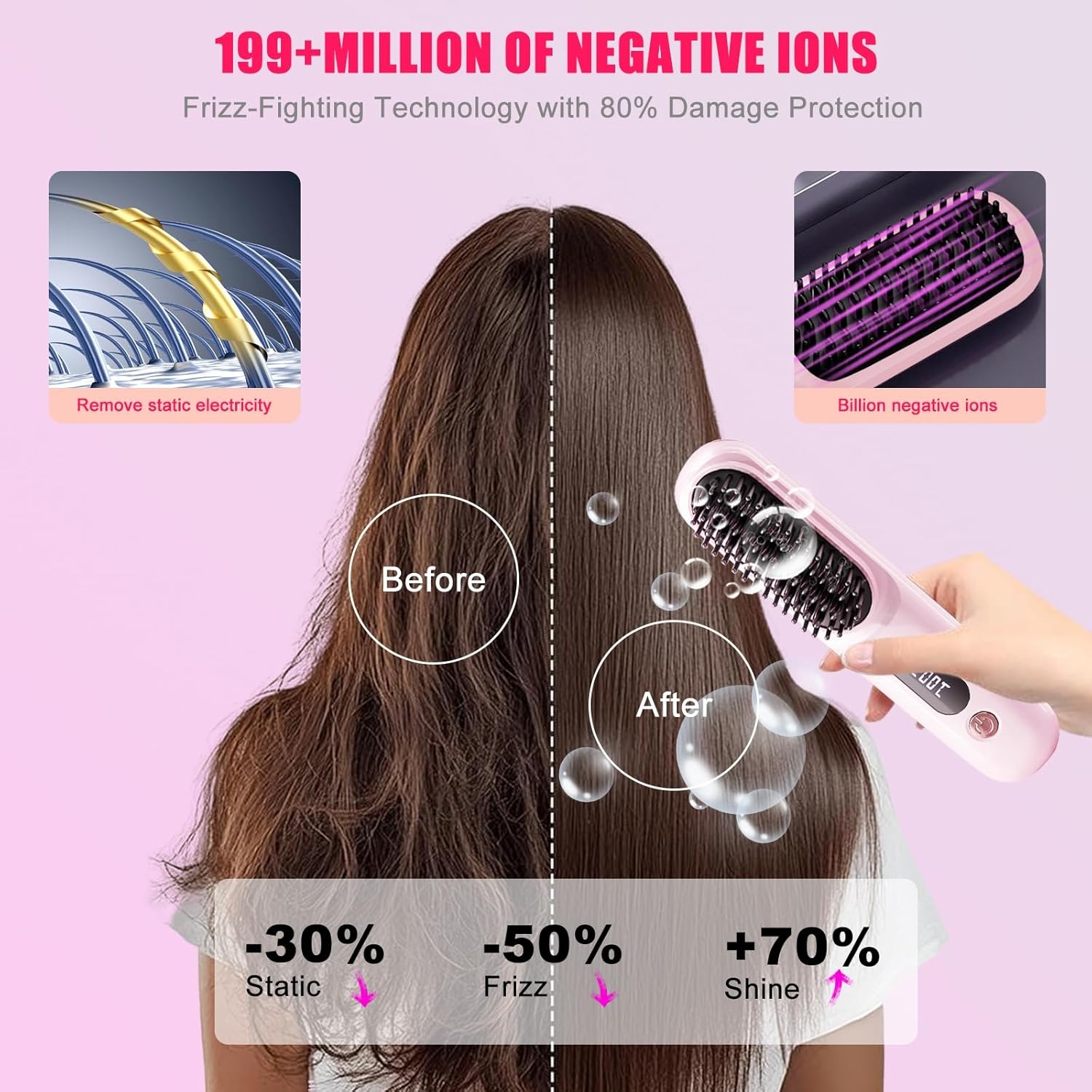 New Go Brush Pro 2026 Cordless Hair Straightener Brush, 79 Teeth for MCH Salon Smoothness, 199M Ionic, 1-MIN Fast Heat, 4000mAh 40-Min Runtime, 3-Temp&Travel, Auto Shut-Off, Used for Fine to Wavy Hair
