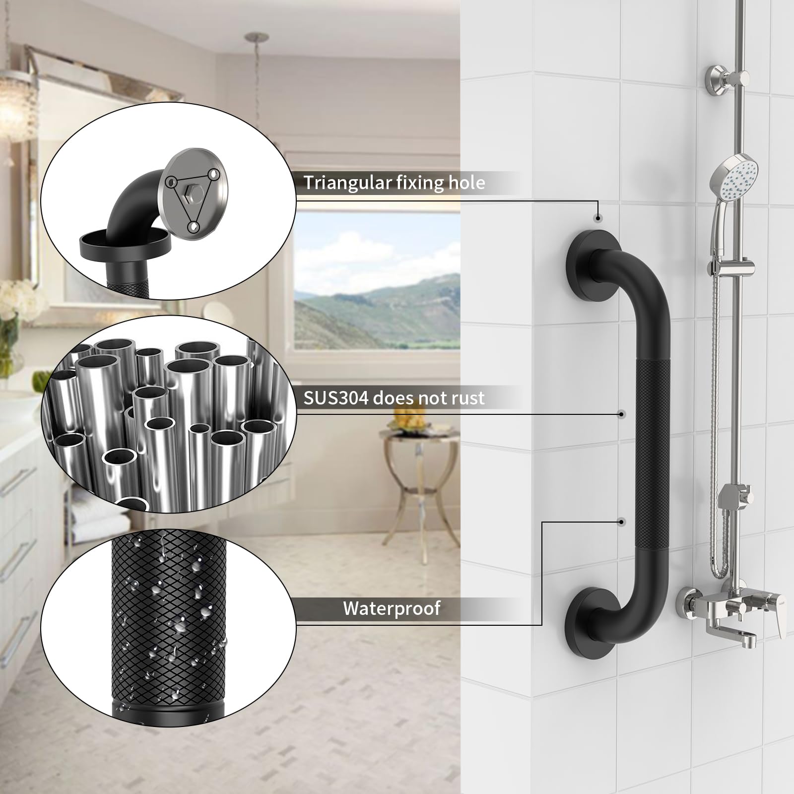 Munzong - Confezione da 3 barre antiscivolo da bagno, 40,6 cm, 61 cm, 81,3 cm, barra di bilanciamento di sicurezza nera, corrimano in acciaio inox per persone anziane