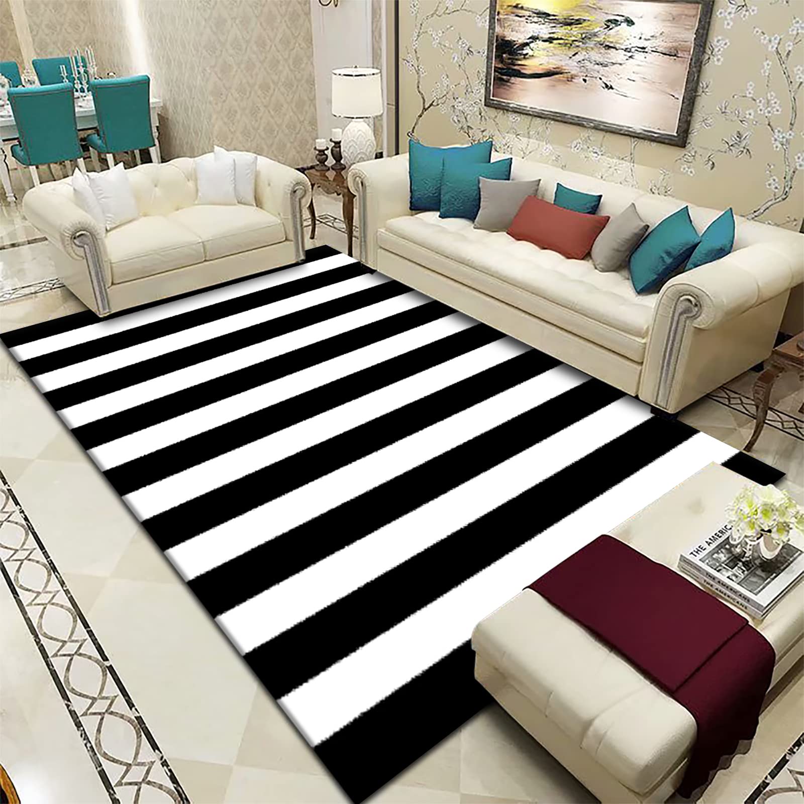 Tapis à poils longs à rayures moderne et antidérapant pour chambre
