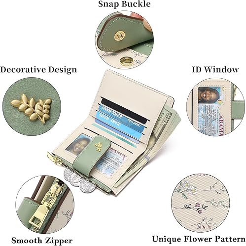Miniatura 3 de Billeteras pequeñas para mujer, con bloqueo RFID, bolsillo con cremallera, tarjetero con ventana de identificación, Verde, Slim