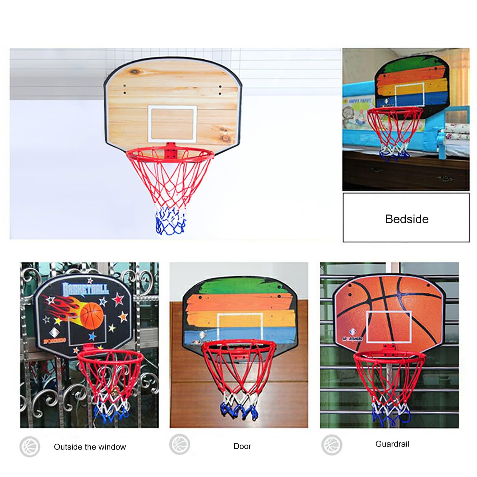 Aro de baloncesto montado en la pared con tablero de madera y borde de acero para uso en interiores y exteriores