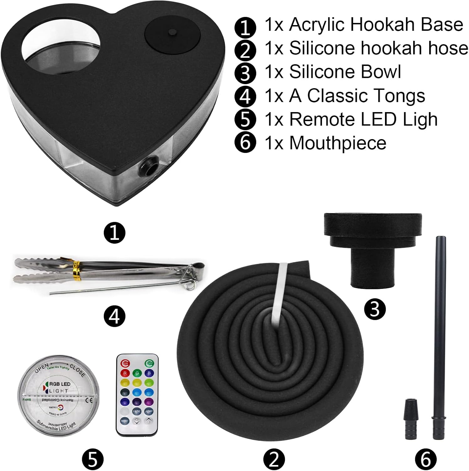 Acrylic Hookah Set Model Heart Shisha Nargile Sheesha Narguile Chicha Cachimbas Kit (Black)