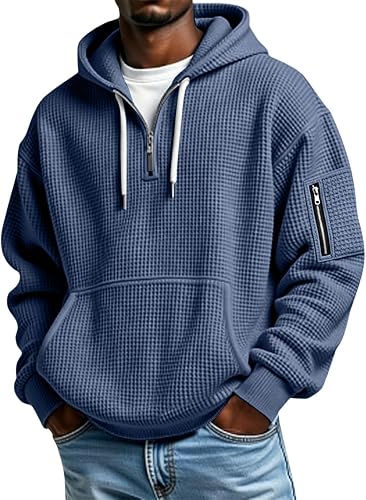Men's Quarter Zip Waffle Knit Hoodie Long Sleeve Pullover Sw