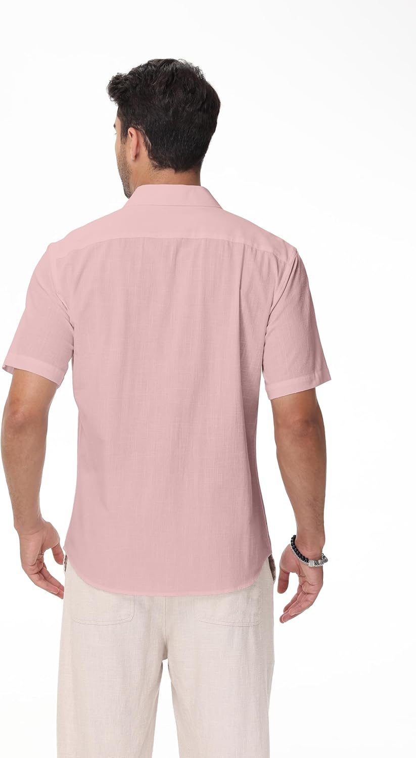 Mens Linen Shirts Short Sleeve Button Down Regular Fit Shirts Casual Vacation Beach Summer Hawaiian Tops - Image 2